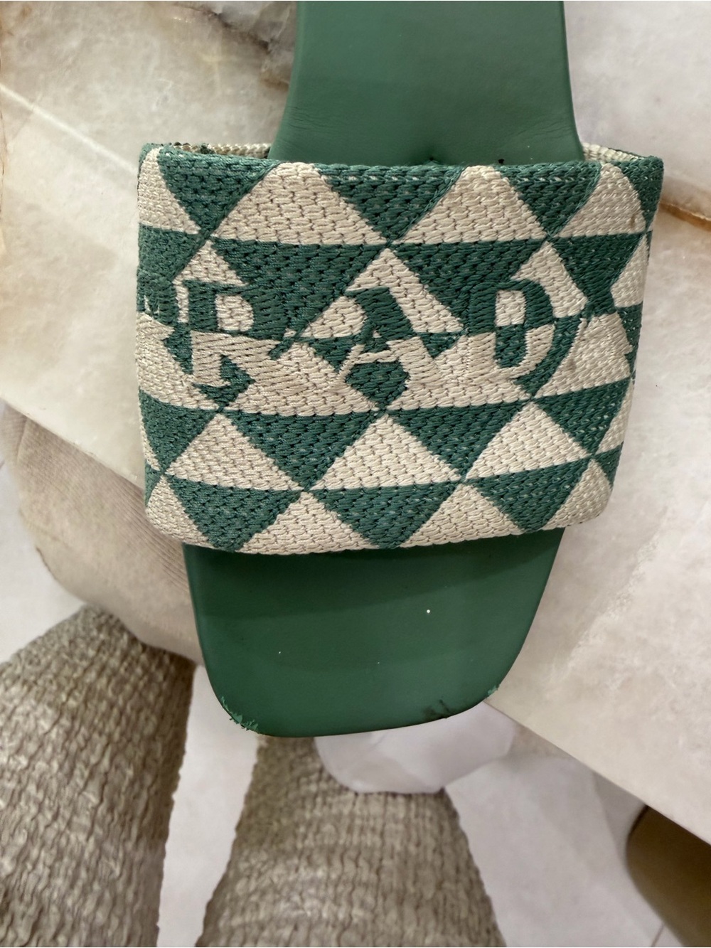 Prada Teal and White Geometric Slide Mules - Picture 6 of 7